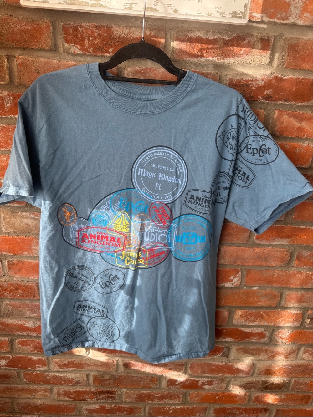 Disney Parks All Over Travel Passport Stamp Graphic T-Shirt Blue Large